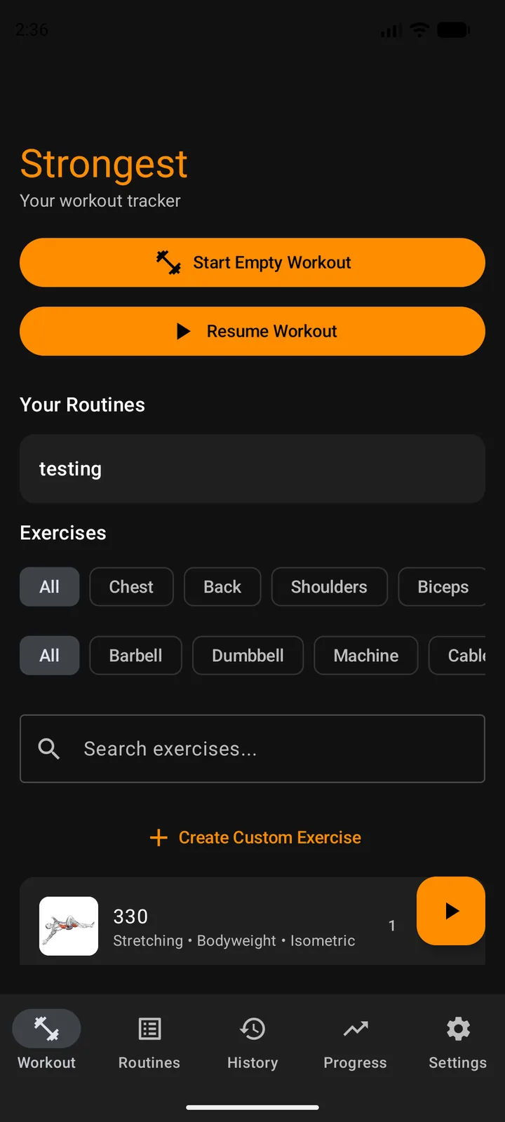 The Strongest home screen with routines and a filterable exercise library.